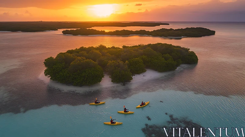 Serene Sunset Adventure: Kayakers Paddle Near Island AI Image