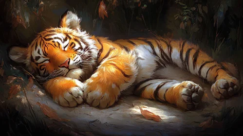 Peaceful Tiger Sleeping in Forest