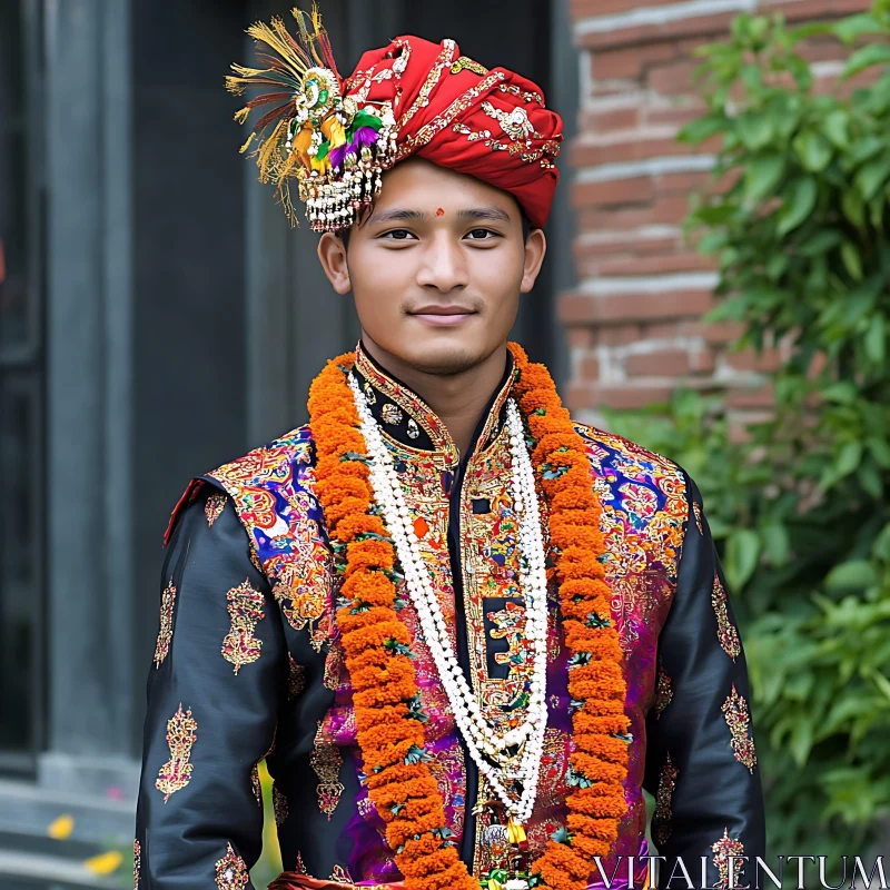 Man in Traditional Dress with Red Turban and Marigold Garlands AI Image