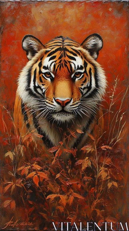 Tiger in Autumn Leaves Artwork AI Image