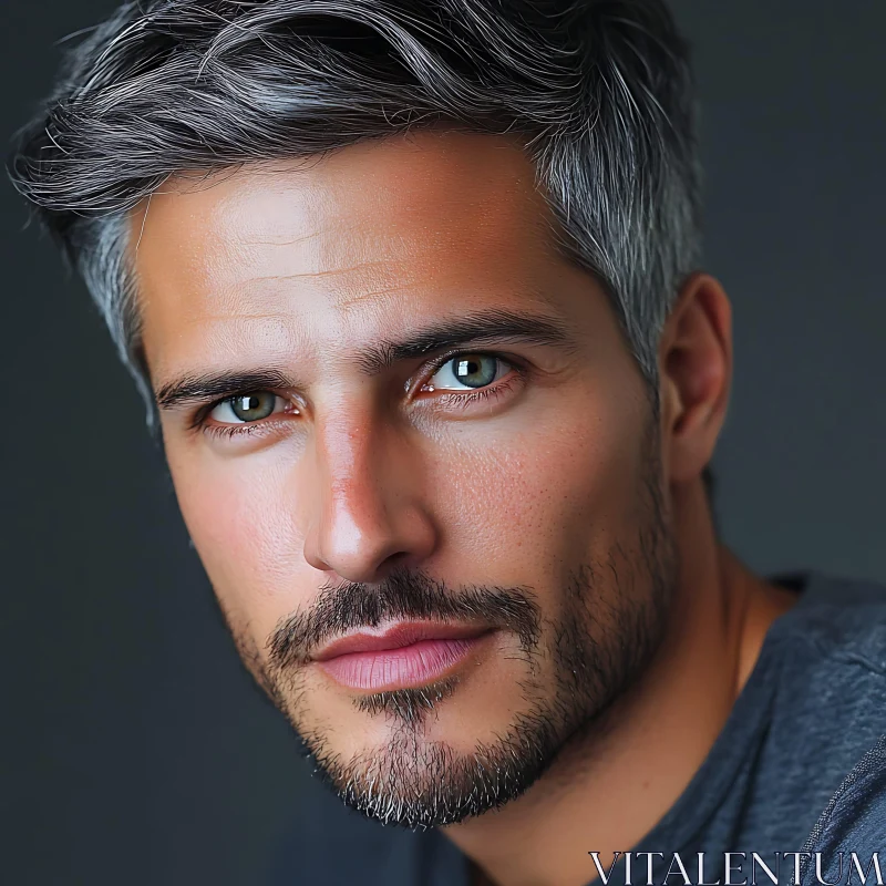 Close-Up of Man with Silver Hair and Blue Eyes AI Image