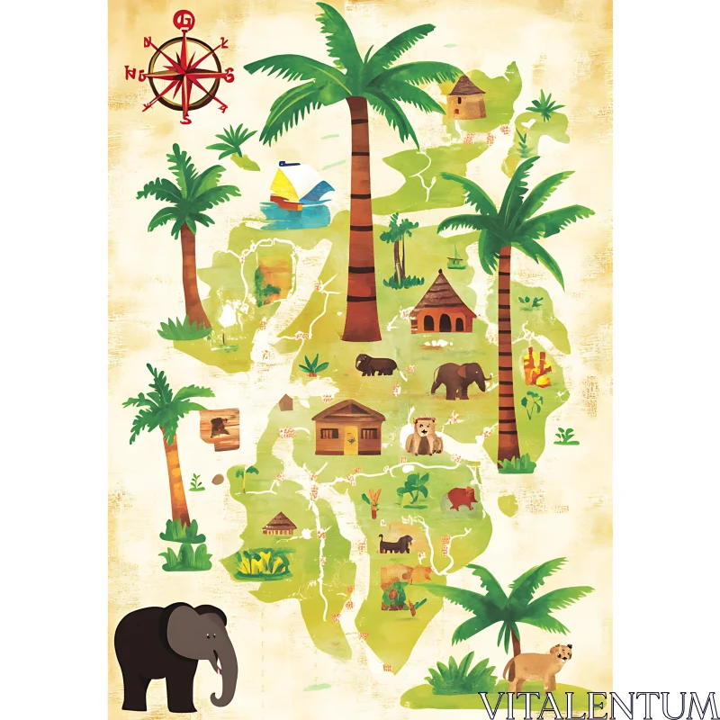 Cartoon Jungle Map with Animals and Adventure Elements AI Image