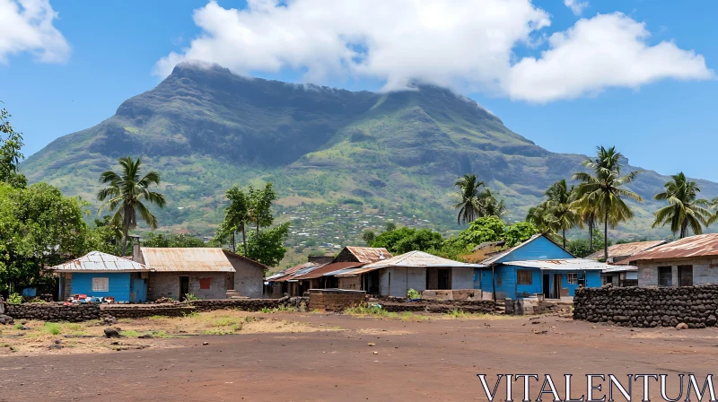 Rustic Village Nestled by Mountains AI Image