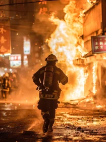 Urban Firefighter Against Night Inferno