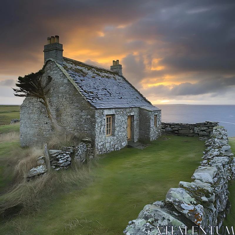 Sunset Over Coastal Stone House AI Image