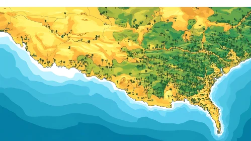 Coastal Region Map with Topographic Features