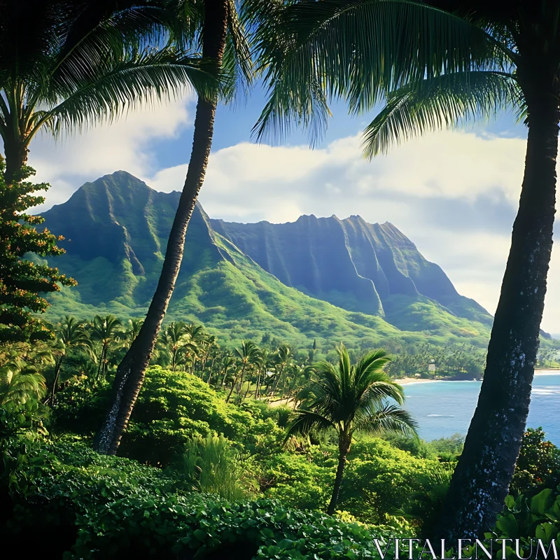 Idyllic Tropical Island Landscape with Palmer Trees and Mountains AI Image