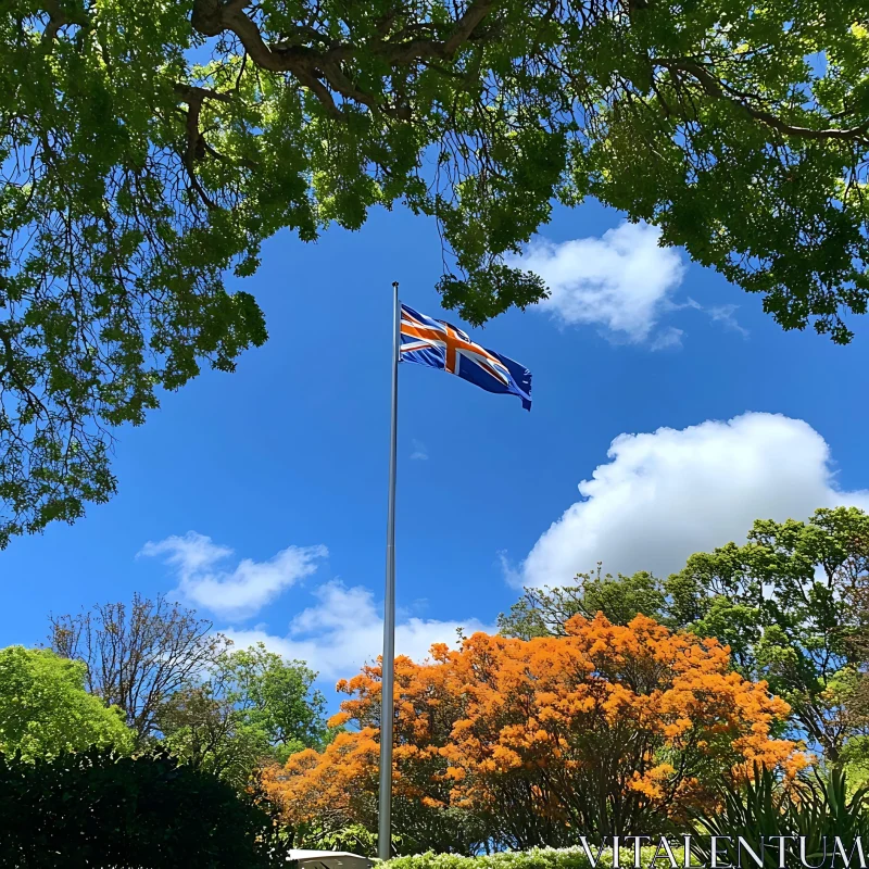 Peaceful Park with Fluttering Flag AI Image