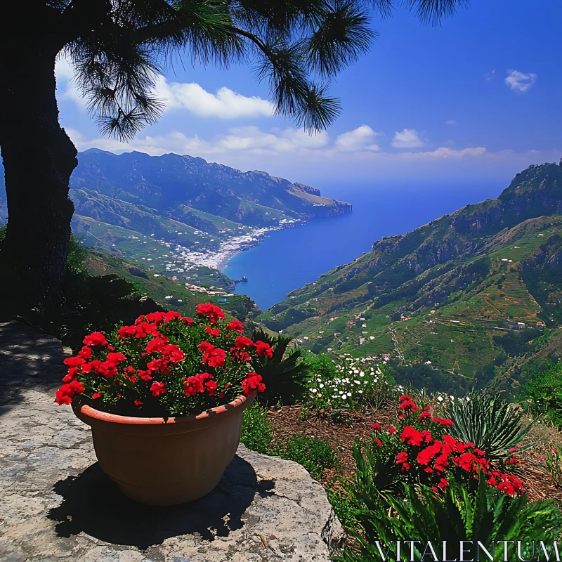 Coastal View with Red Flowers and Mountainous Terrain AI Image