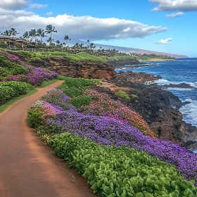 Enchanting Coastal Path with Lush Blossoms