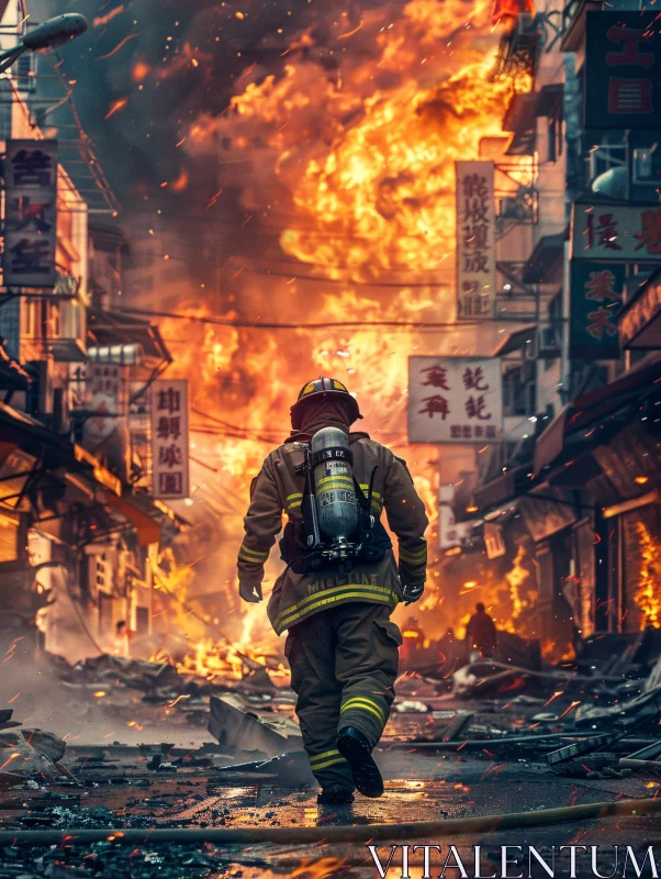 Brave Firefighter in Urban Inferno AI Image