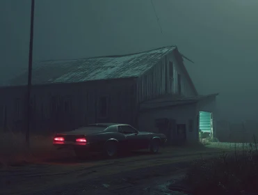 Foggy Night with Classic Car and Barn