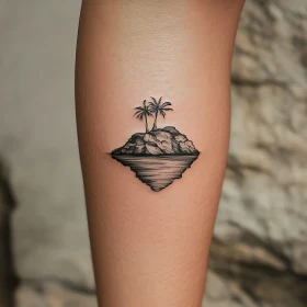 Black Ink Island Tattoo with Palm Trees