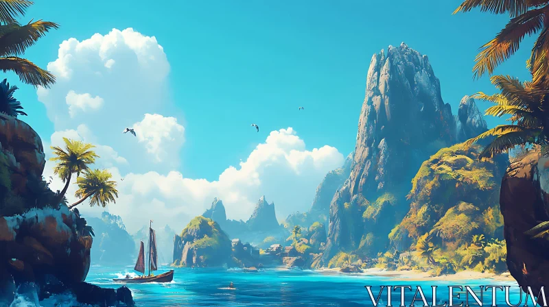 Idyllic Tropical Paradise with Mountains and Blue Sea AI Image