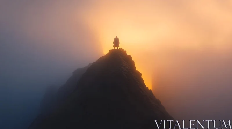 AI ART Mysterious Figure on a Sunset-Lit Mountain