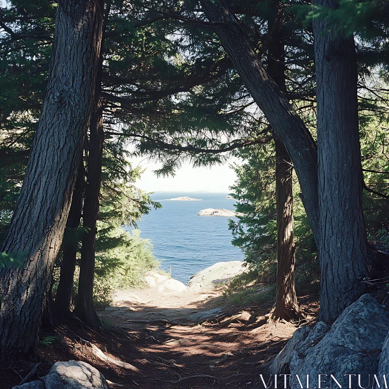 Forest Pathway Ending at a Serene Lake AI Image