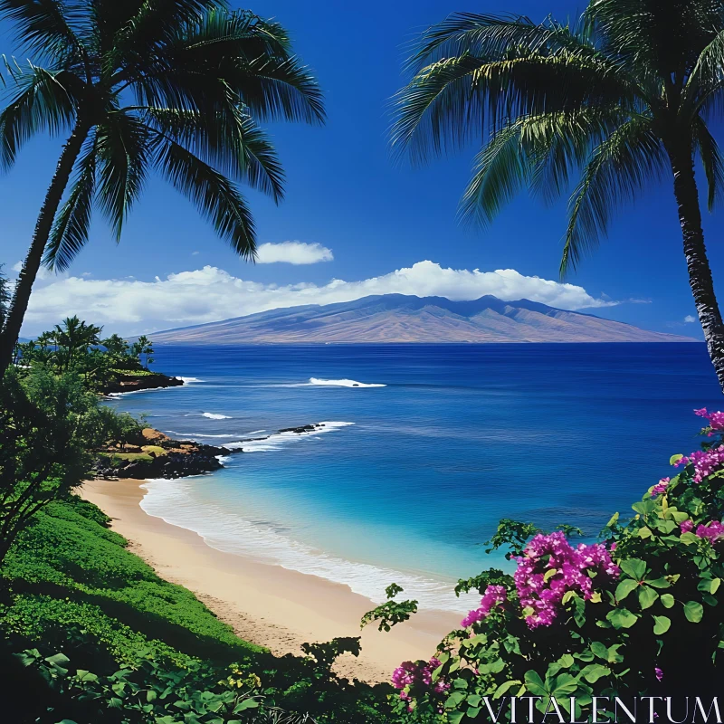 Serene Island Scene with Pristine Beach and Lush Greenery AI Image