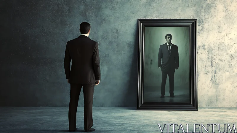 Man in Suit Looks at His Mirror Reflection AI Image