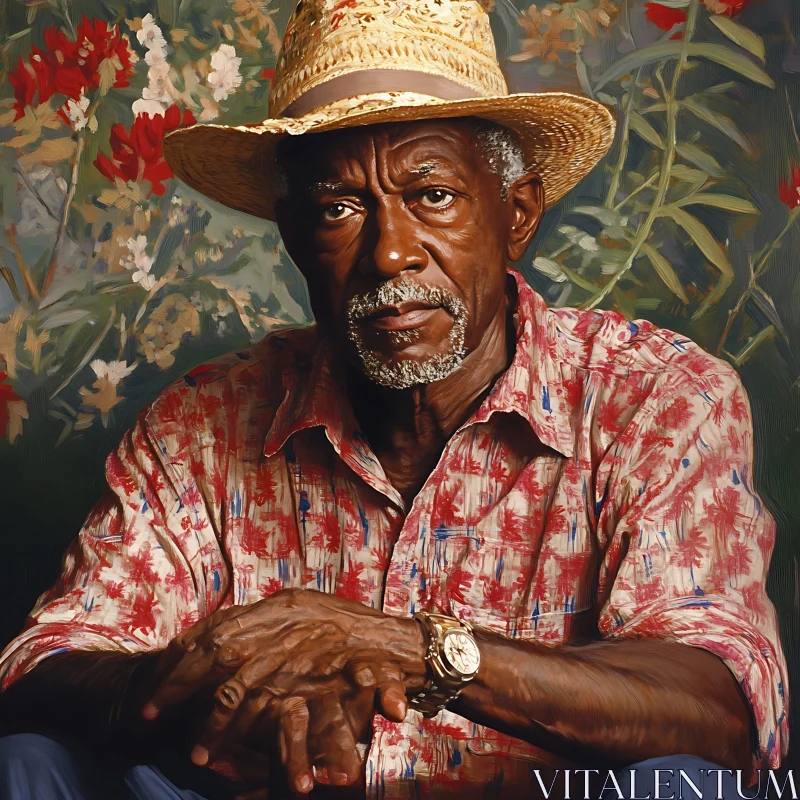 Portrait of Old Man with Straw Hat AI Image