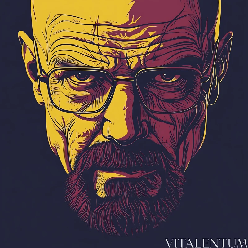 Intense Graphic Illustration of a Bald Man with a Beard AI Image