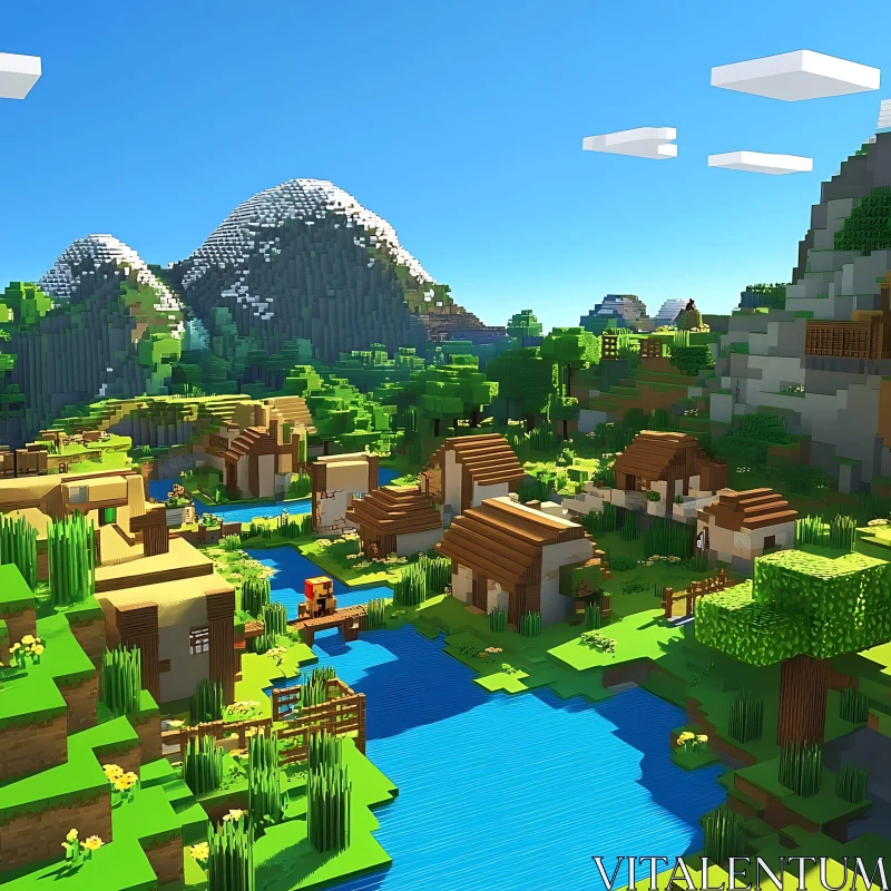 AI ART Pixel Art Village in Tranquil Mountain Setting