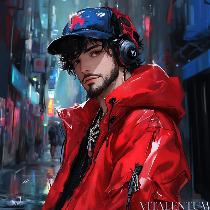 Urban Anime Character with Red Jacket AI Image