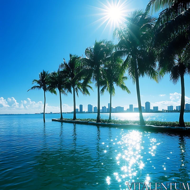 Palm Trees and Cityscape by the Sea AI Image