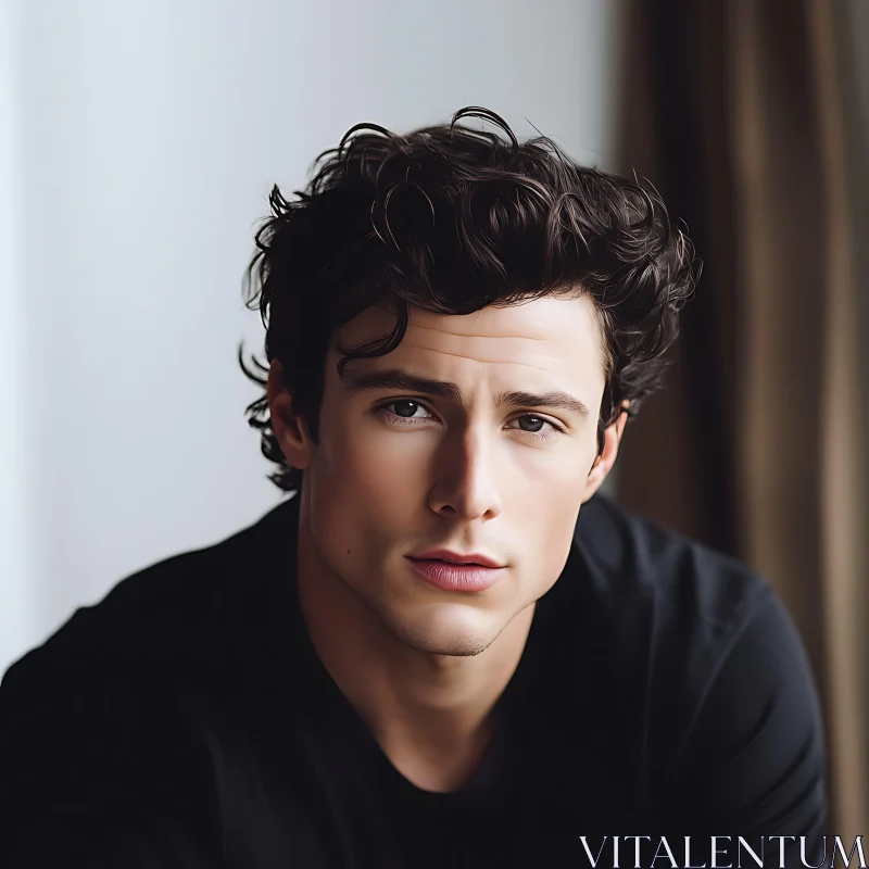 Young Man in Black Shirt with Expressive Eyes AI Image