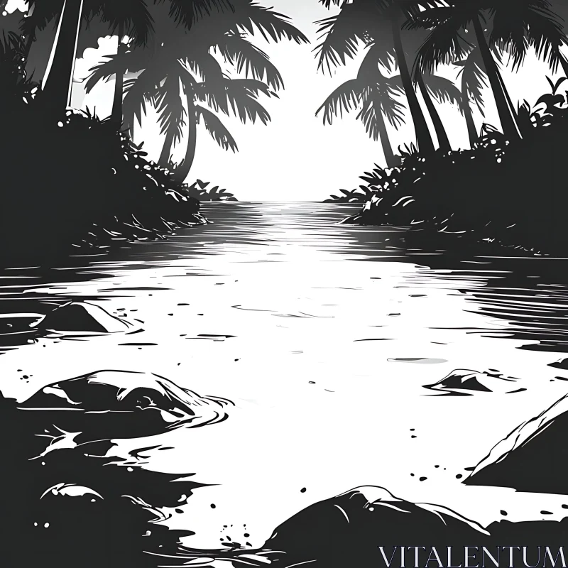 AI ART Serene River Under Palm Trees in Black and White