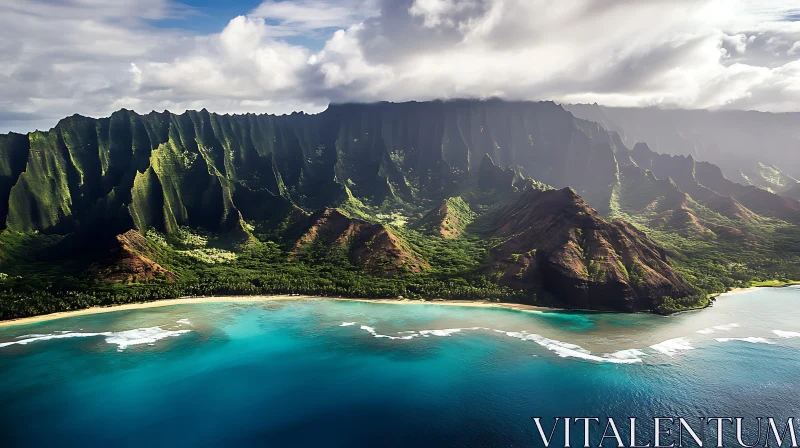 Aerial Island Coast with Verdant Mountains and Turquoise Waters AI Image