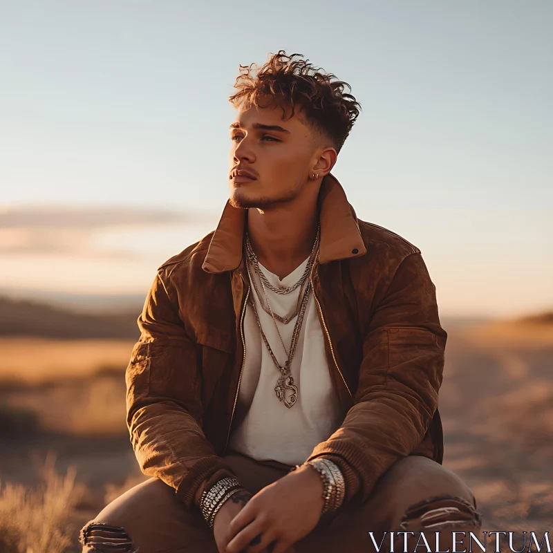 Reflective Young Man in Brown Jacket AI Image