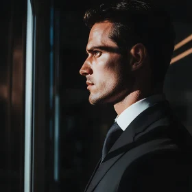 Contemplative Man in Suit Gazing Through Window