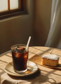 Sunny Table with Iced Coffee and Cake