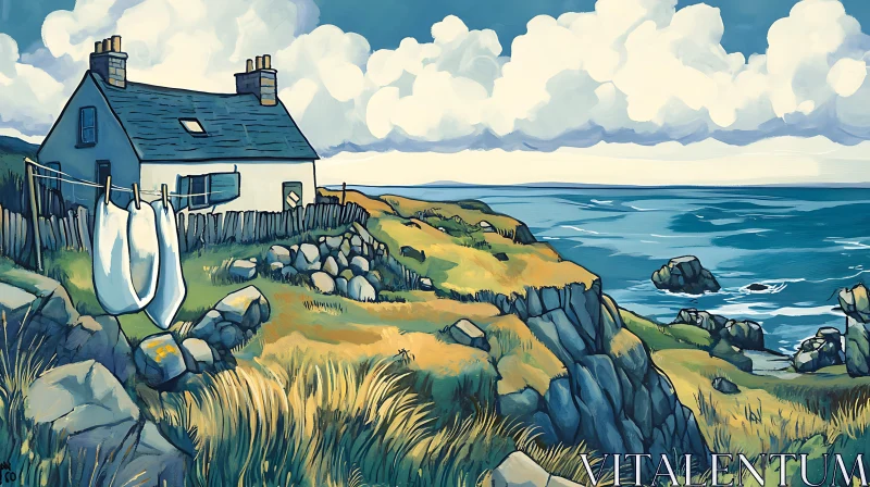 Peaceful Coastal Cottage with a Clothesline AI Image