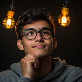 Contemplative Portrait with Vintage Lightbulbs