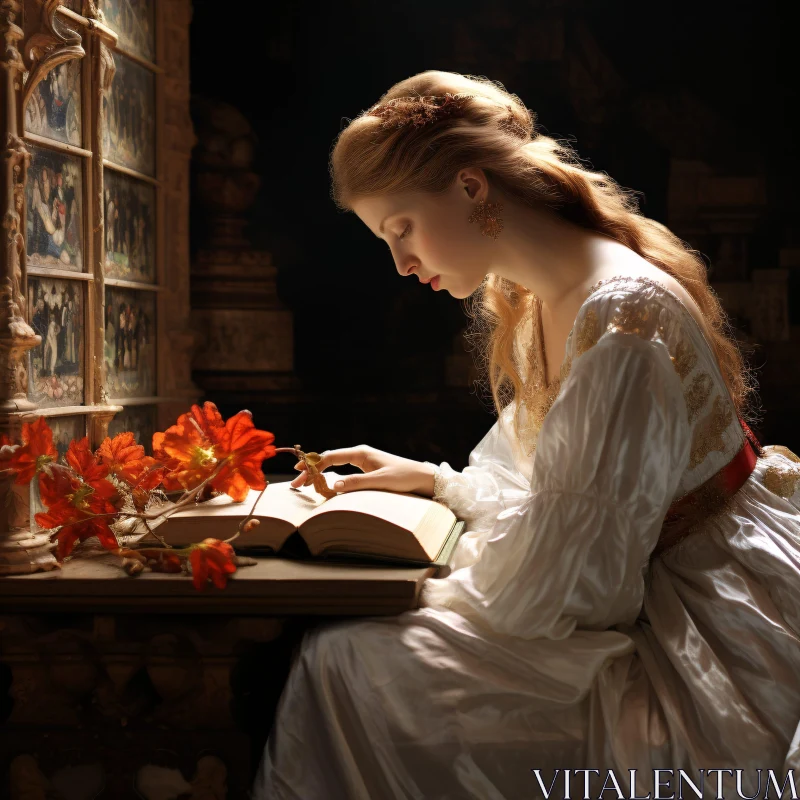 AI ART Vintage Elegance: Woman with Book and Flowers