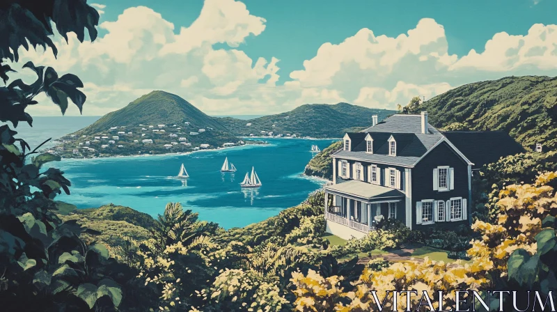 AI ART Island House with Mountain and Sailboat Views