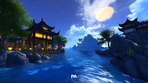 Moonlit Waterfront with East Asian Architecture