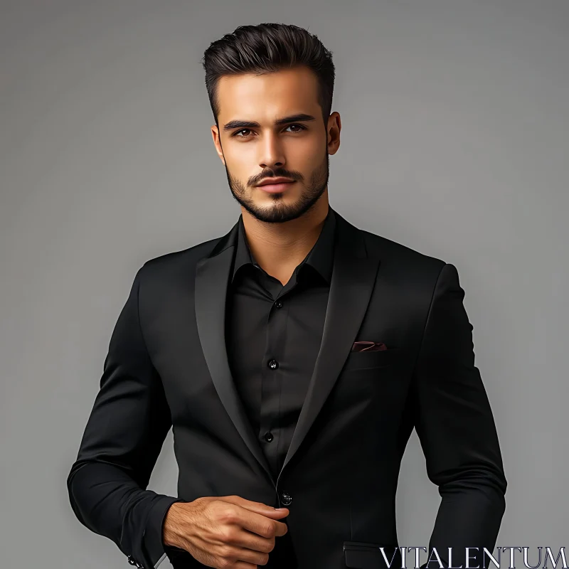 Stylish Man in a Black Suit Portrait AI Image