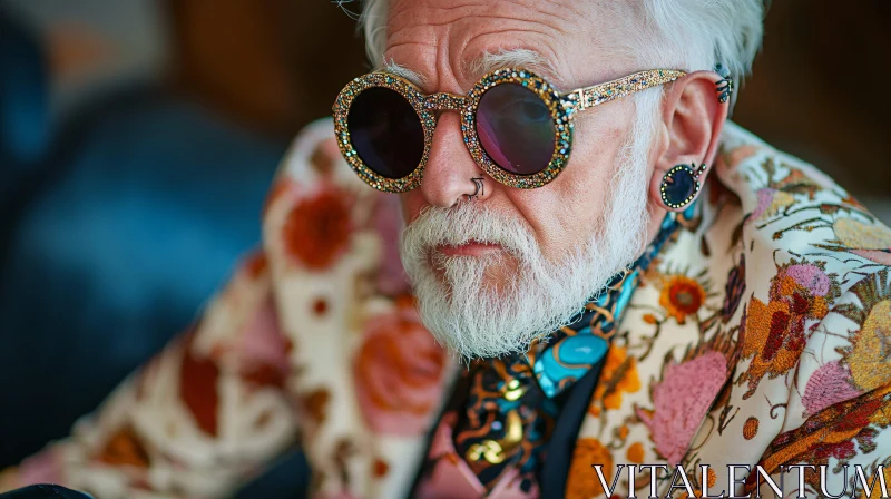 Stylish Elderly Man with Floral Jacket and Accessories AI Image