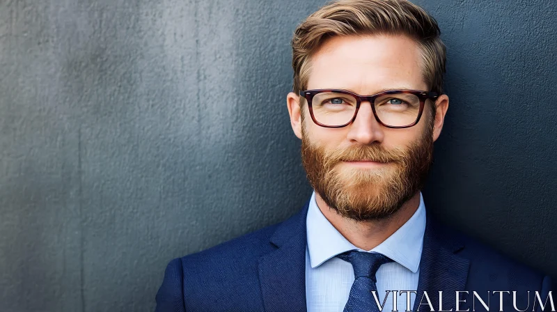 Bearded Man in Glasses Wearing Blue Suit AI Image