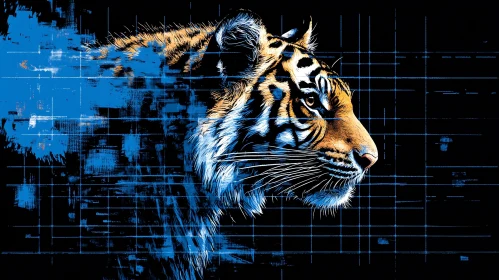 Geometric Tiger Illustration with Blue and Orange Contrast