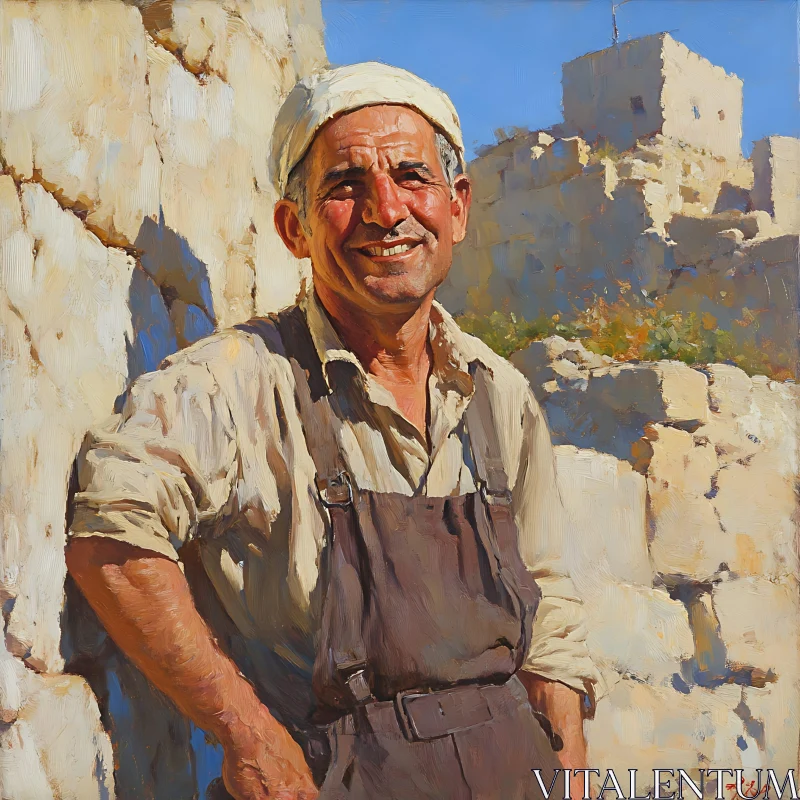 Smiling Worker Against Stone Wall AI Image