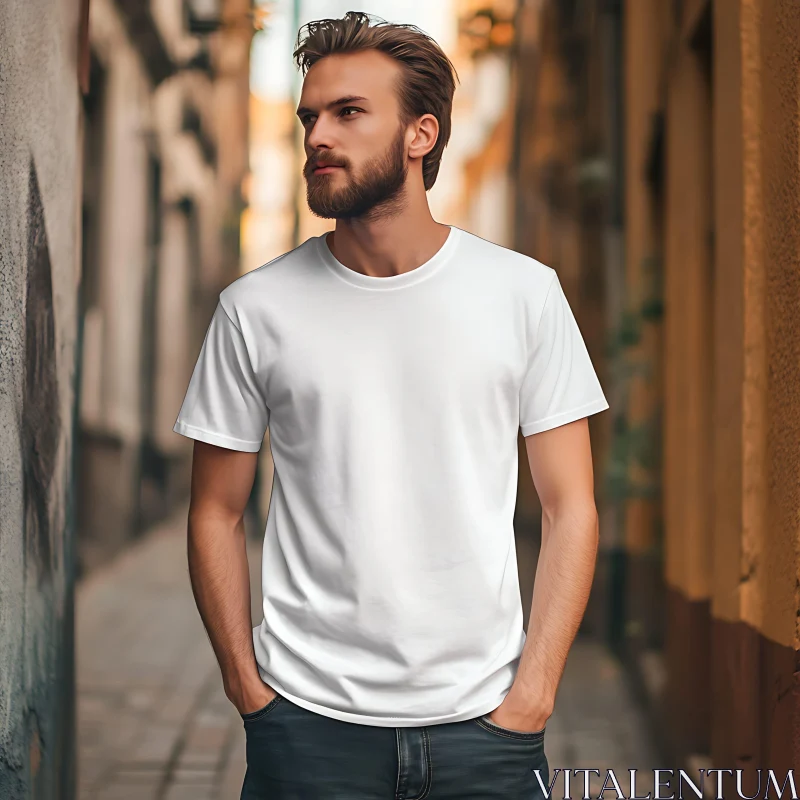 Bearded Man in White T-Shirt in Urban Setting AI Image