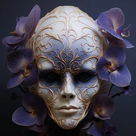 Intricate Golden Swirl Mask with Purple Flowers