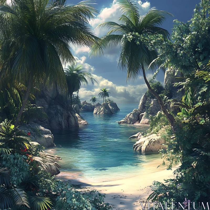 Idyllic Tropical Beach with Lush Foliage AI Image