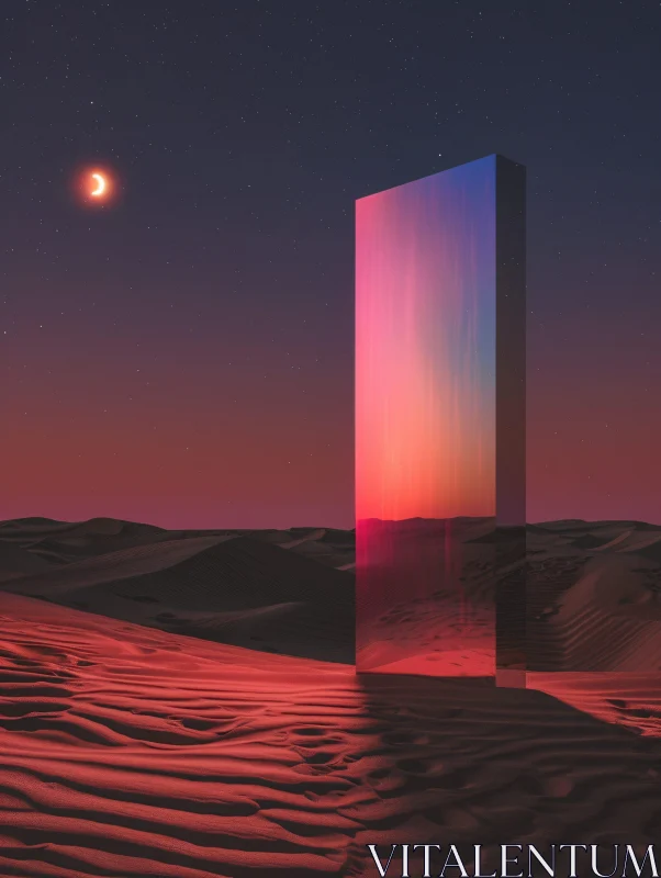 Ethereal Desert Scene with Colorful Monolith Under Starry Sky AI Image