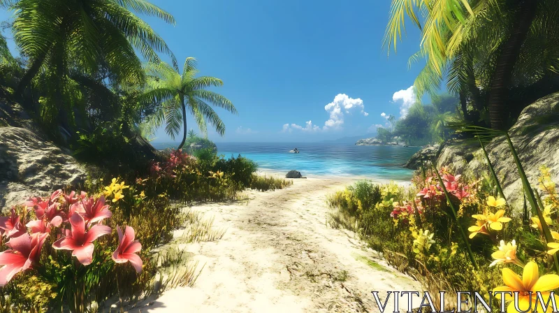 Beautiful Tropical Beach Pathway Lined with Flowers AI Image