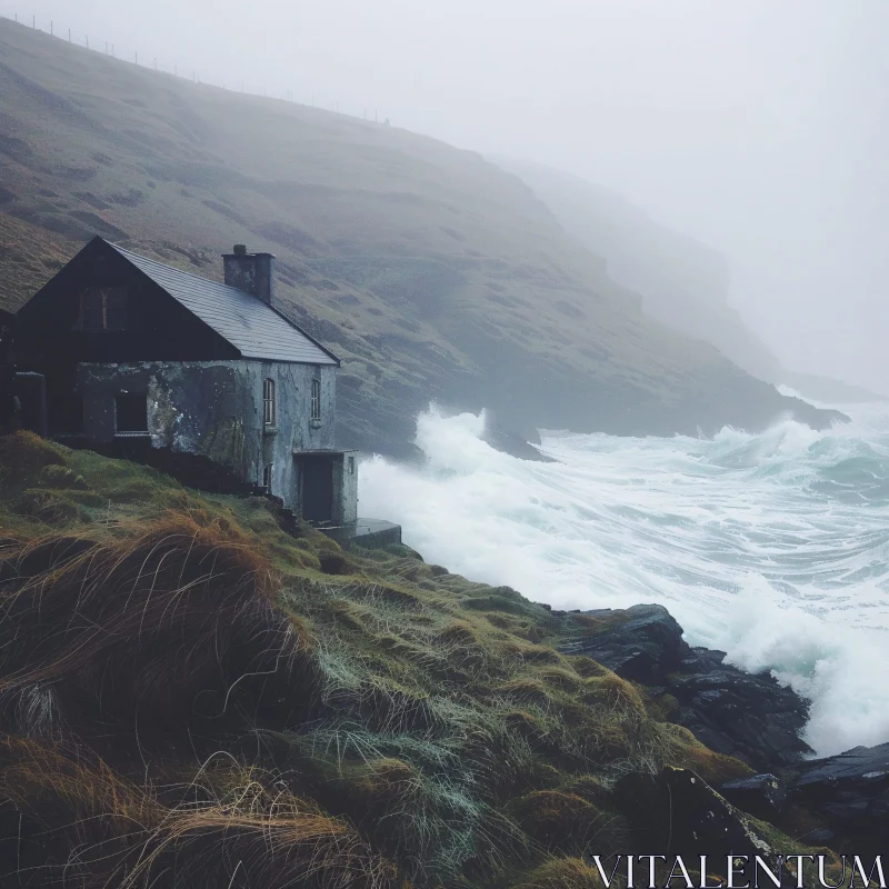 AI ART Misty Seaside Stone Cottage