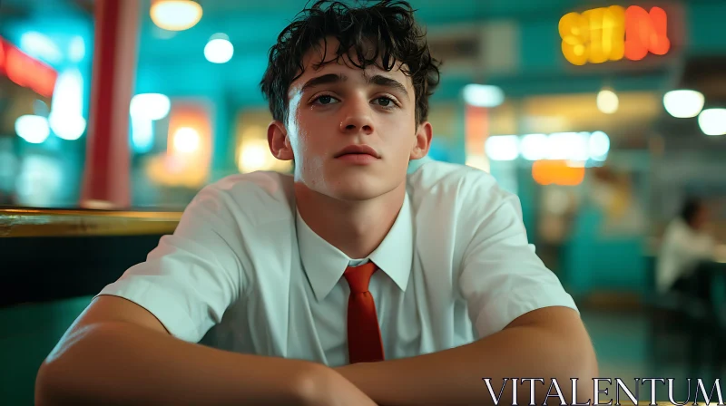 Thoughtful Man in a Neon-Lit Retro Diner